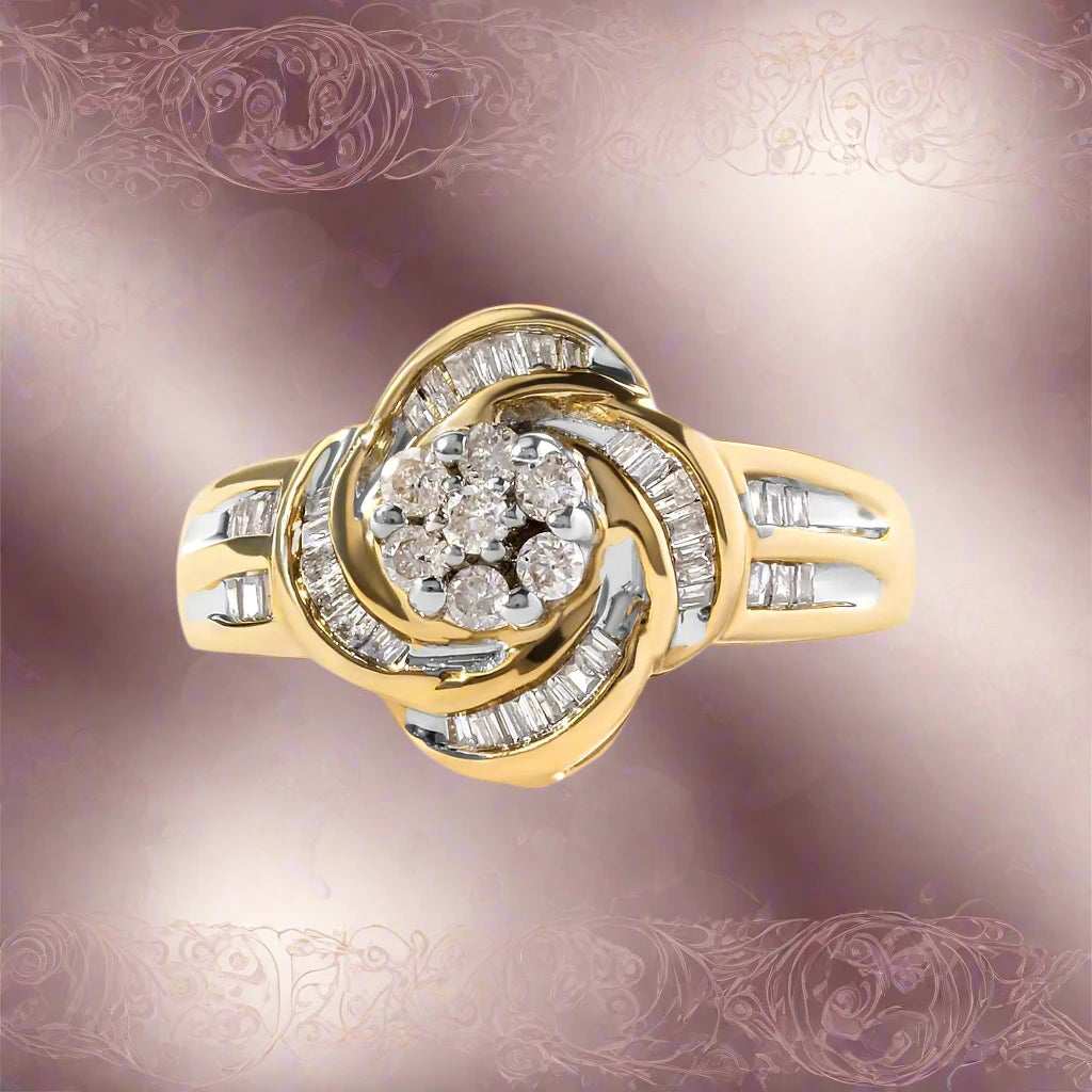 10K Yellow Gold 1/2 Cttw Round and Baguette Diamond Flower Swirl Cocktail Ring (I-J Color, SI2-I1 Clarity)