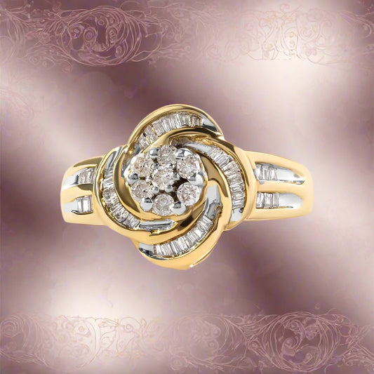 10K Yellow Gold 1/2 Cttw Round and Baguette Diamond Flower Swirl Cocktail Ring (I-J Color, SI2-I1 Clarity)